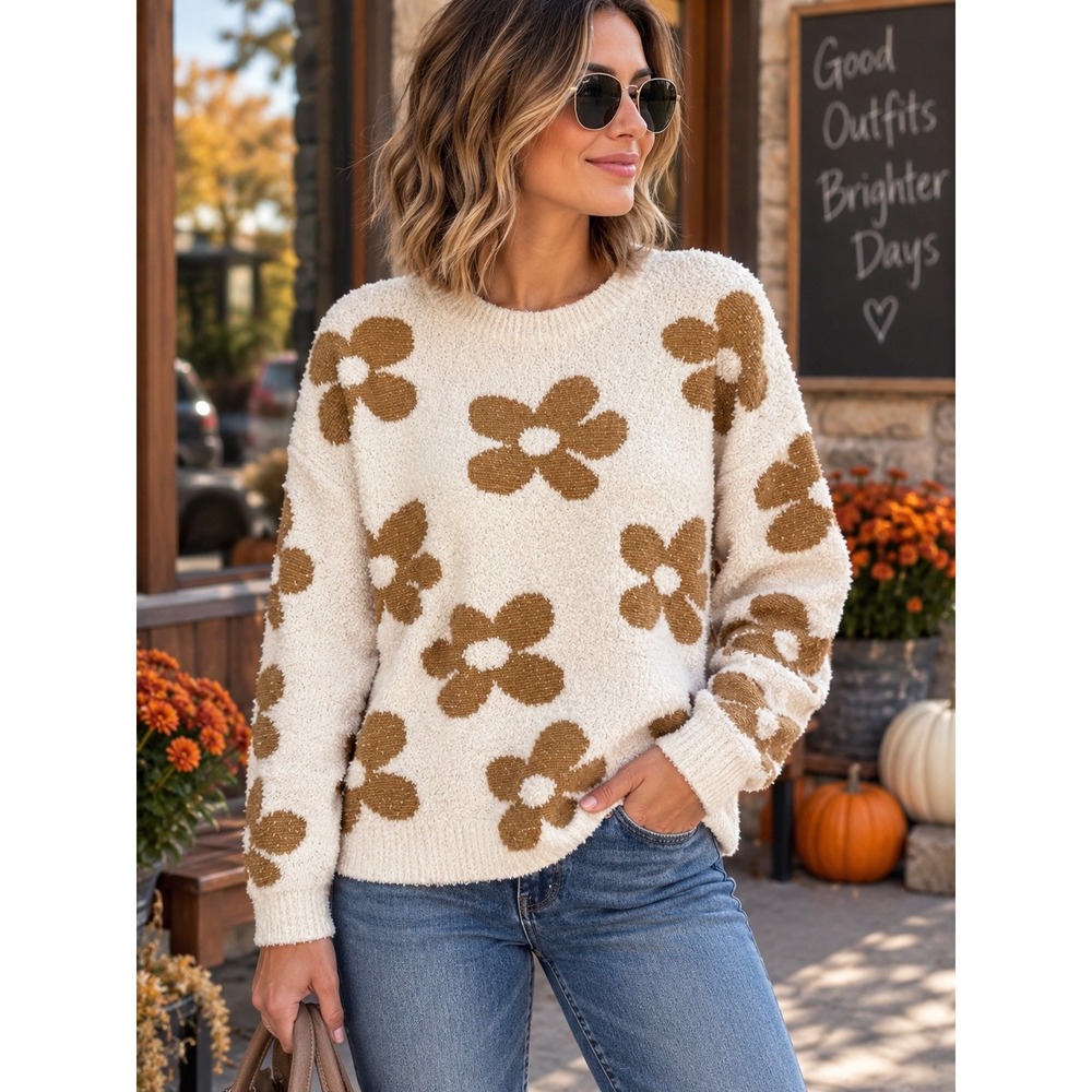 NET.153 Small Cream Brown Daisy Sweater Retro 70s Mod Twee Oversized